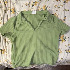Green Ribbed V-Neck Crop Top